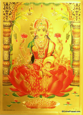 The Maa Lakshmi On Lotus Golden Poster - OnlinePrasad.com