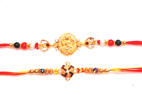 Combo rakhi pack of Laxmi in Gold and Swastik in red and white - OnlinePrasad.com