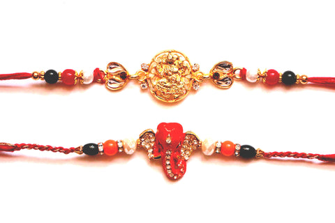 Combo rakhi pack of Laxmi in Gold and Studded Ganesha - OnlinePrasad.com