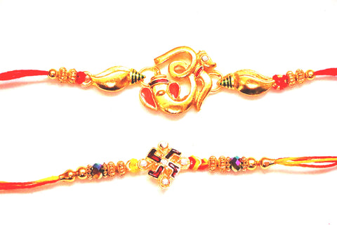 Combo rakhi pack of Ganesha in gold and Swastik with Red and White crystals - OnlinePrasad.com