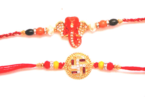 Combo rakhi pack of Studded Ganesha and Swastik with gold dial - OnlinePrasad.com