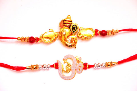 Combo rakhi pack of Laxmi in Gold and Om in pearl - OnlinePrasad.com
