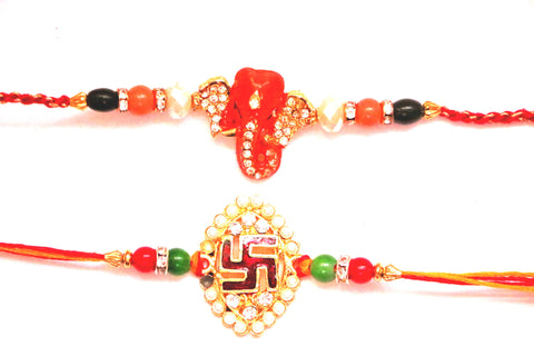 Combo rakhi pack of Ganesha in Orange and Swastik in Pearl - OnlinePrasad.com