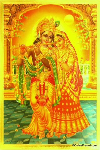 The Radha Krishna Evening Romance Golden Poster - OnlinePrasad.com