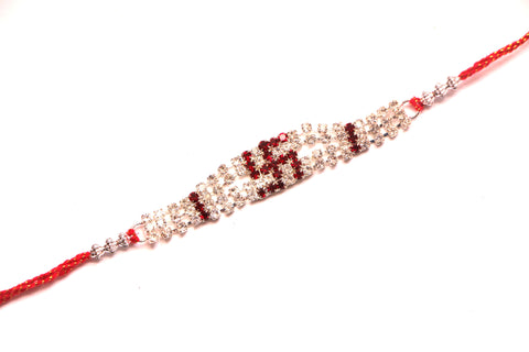Swastik  Rakhi in Red with White Crystals - OnlinePrasad.com