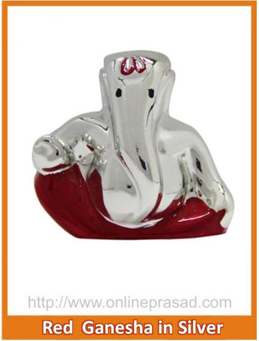 The Red Ganesha in Silver Idol - OnlinePrasad.com