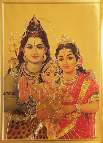 The Shiva Parvati and Ganesha Golden Poster - OnlinePrasad.com