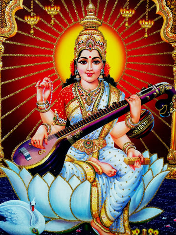 Poster Of Saraswati In White With Gold Detailing - OnlinePrasad.com
