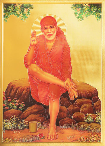 The Sai Baba with Red Clothes Golden Poster - OnlinePrasad.com
