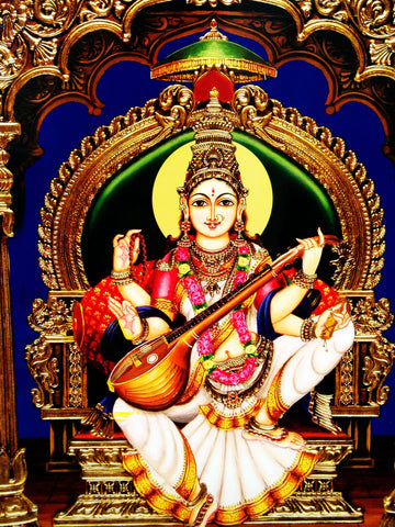 Poster Of Saraswati In White - OnlinePrasad.com