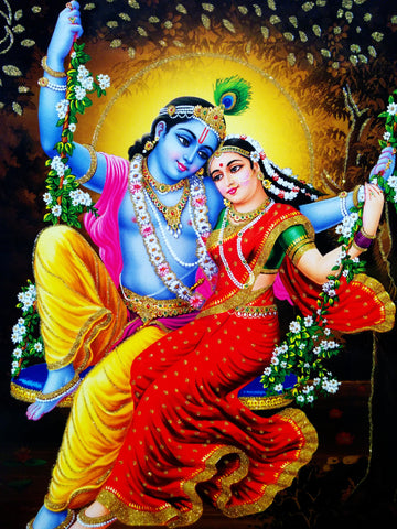 Poster Of Radha Krishna In Blue And Red Along With Radha With Gold Detailing - OnlinePrasad.com