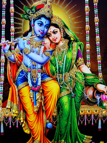 Poster Of Radha Krishna In Blue And Green Along With Radha With Gold Detailing - OnlinePrasad.com