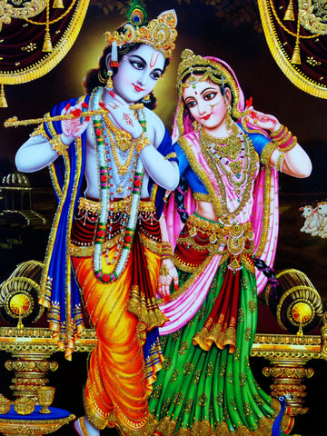 Poster Of Radha Krishna With Gold Detailing And Yellow Color - OnlinePrasad.com