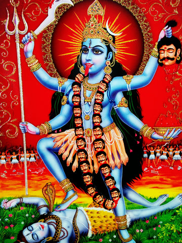 Poster Of Kali In Light Blue Along With Shiva With Gold Detailing - OnlinePrasad.com
