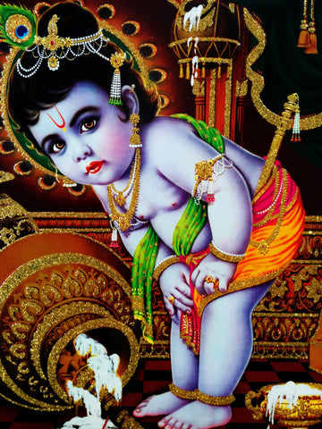 Poster Of Krishna In Golden Yellow Along  With Gold Detailing - OnlinePrasad.com