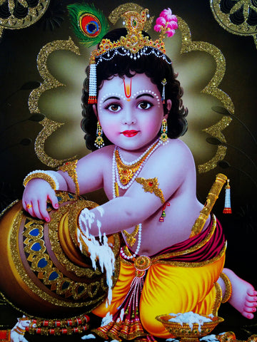 Poster of Baby Krishna in Golden Yellow with Gold detailing - OnlinePrasad.com