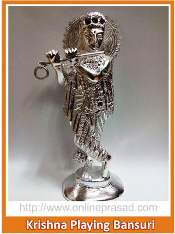 Shining White Metal Krishna idol playing Bansuri - OnlinePrasad.com