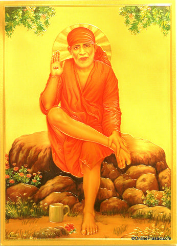 The Sai Baba Wearing Red Clothes Golden Poster - OnlinePrasad.com