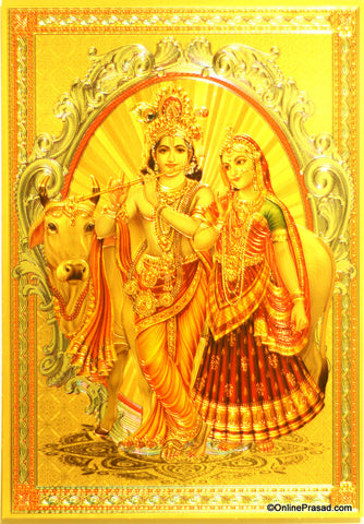 The Radhakrishna With Cow Golden Poster - OnlinePrasad.com