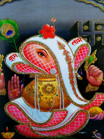 Poster Of Ganesh In White With Pink - OnlinePrasad.com