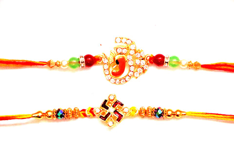 Combo rakhi pack of Studded Ganesha and Studded Swastik in red and white - OnlinePrasad.com