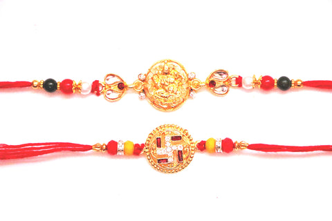 Combo rakhi pack of Laxmi in Gold and Swastik in red and white with gold dial - OnlinePrasad.com