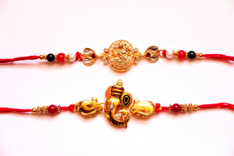 Combo rakhi pack of Laxmi in Gold and Ganesha with Mouse - OnlinePrasad.com