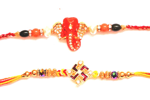 Combo rakhi pack of Studded Ganesha and Studded Swastik with Beads - OnlinePrasad.com