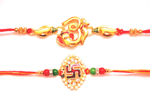 Combo rakhi pack of Ganesha with shankh and Swastik in pearl - OnlinePrasad.com