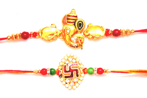 Combo rakhi pack of Ganesha with mouse and Swastik in pearl - OnlinePrasad.com