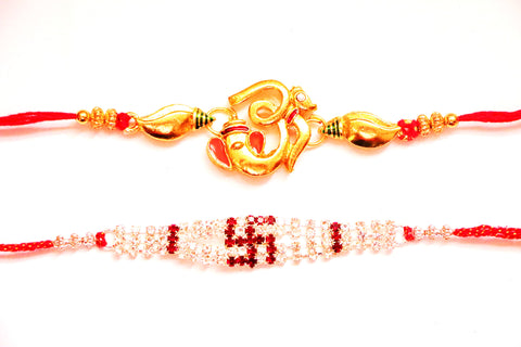 Combo rakhi pack of Ganesha in gold and Swastik with white crystals - OnlinePrasad.com