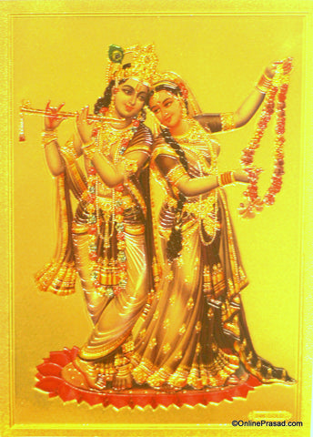 The Radha Krishna With Garland Golden Poster - OnlinePrasad.com