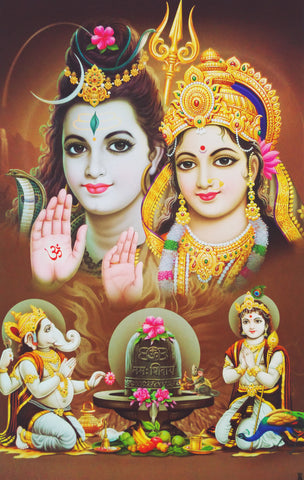 Poster Of Shiva Parvathi In White Along With Ganesha And Karthik - OnlinePrasad.com