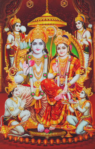 Poster Of Rama Sita In White Along With Ram Darbar - OnlinePrasad.com