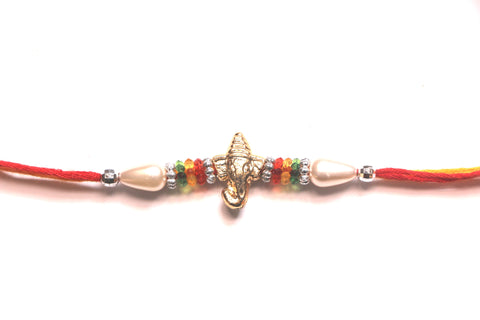 Ganesha in gold rakhi with colorful beads - OnlinePrasad.com