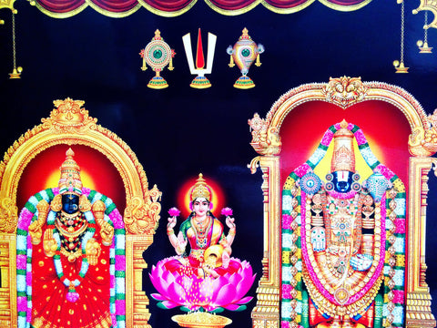 Poster Of Padmavati And Balaji In Red Along With Laxmi - OnlinePrasad.com