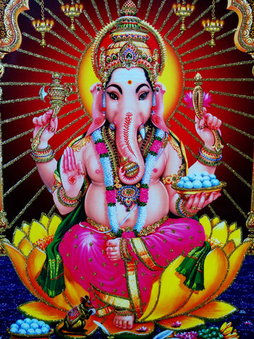 Poster Of Ganesha In Pink With Gold Detailing - OnlinePrasad.com