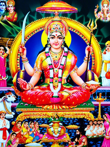 Poster Of Annapoorneshwari In Red Along With Ganesha And Shiva - OnlinePrasad.com