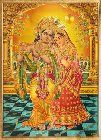The Radhe Krishna With Evening Moon Golden Poster - OnlinePrasad.com