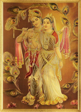 The Radhe Krishna with Basuri Golden Poster - OnlinePrasad.com