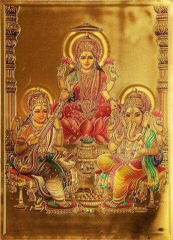 The Laxmi with Sarswati and Ganesha Golden Poster - OnlinePrasad.com
