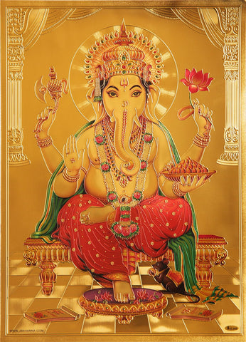 The Ganesha Mushika with Laddu Golden Poster - OnlinePrasad.com