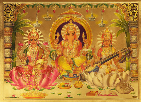 The Ganesha with Laxmi and Sarswati Golden Poster - OnlinePrasad.com