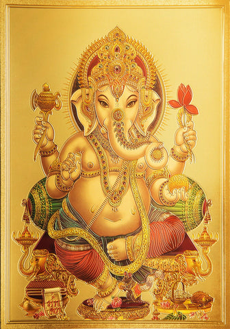 The Ganesha with Red Flower Golden Poster - OnlinePrasad.com