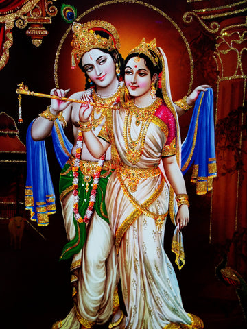 Poster of Radhe Krishna in White and Gold detailing - OnlinePrasad.com