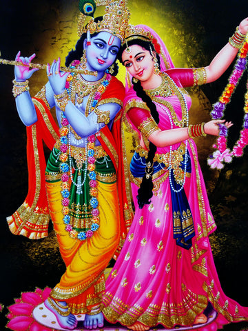 Poster of Playing Flute Radha Krishna in Yellow along with Radha - OnlinePrasad.com
