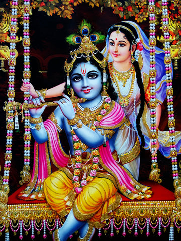 Poster of Radhe Krishna in Yellow along with Radha with Gold detailing - OnlinePrasad.com