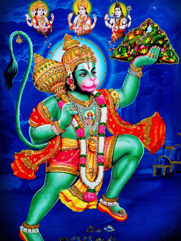 Poster Of Hanuman In Red Along With Shiva, Vishnu And Brahma With Gold Detailing - OnlinePrasad.com