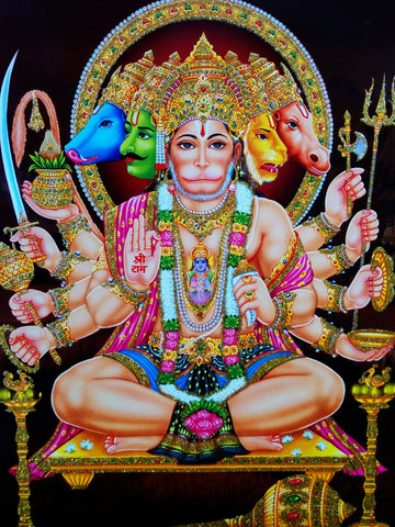 Poster Of Panch Mukhi Hanuman With Gold Detailing - OnlinePrasad.com