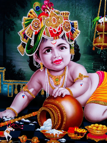 Poster of Baby Krishna in Golden Yellow - OnlinePrasad.com